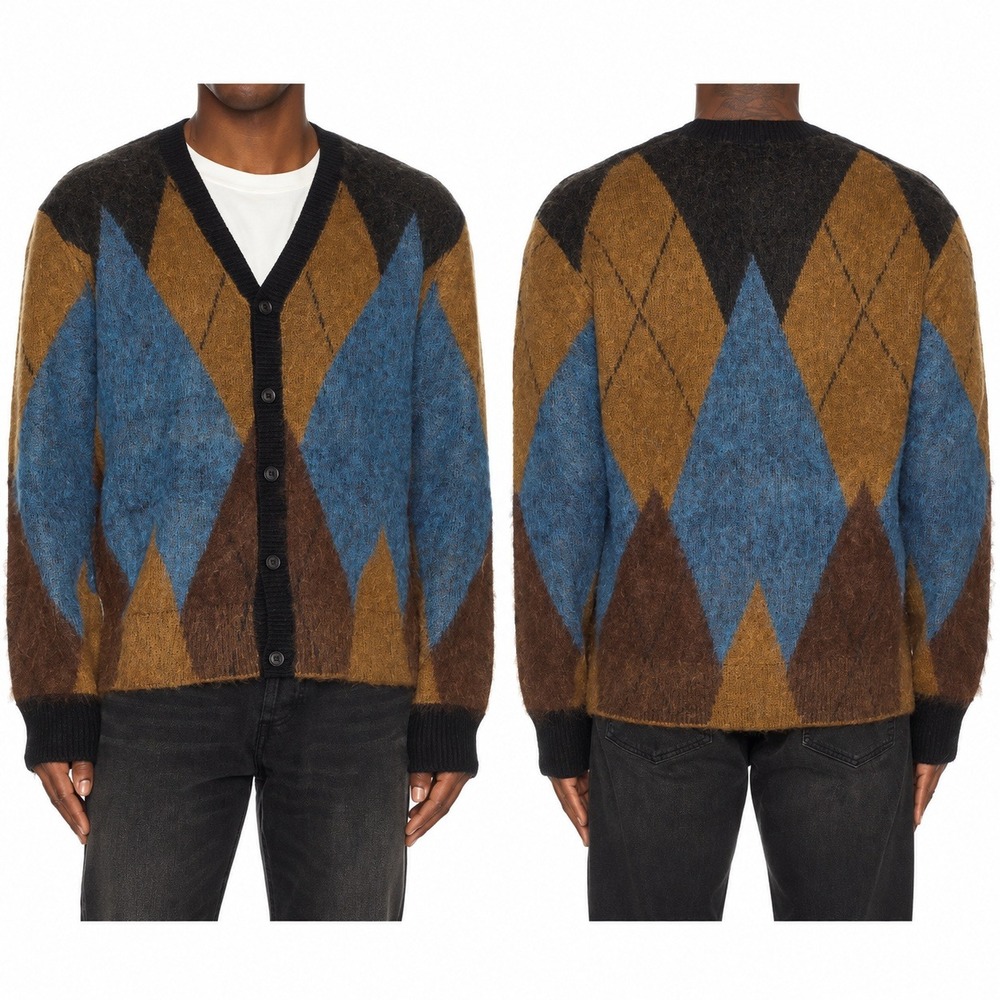 AllSaints Bernie Cardigan Mens Medium Oversized Argyle Mohair Alpaca Wool